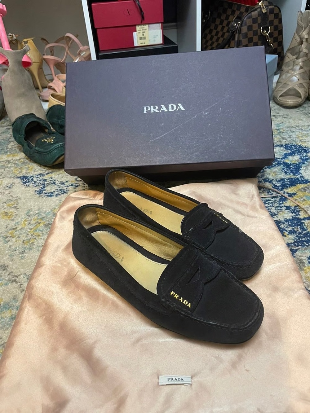 Prada Navy Suede Loafers with Gold Logo